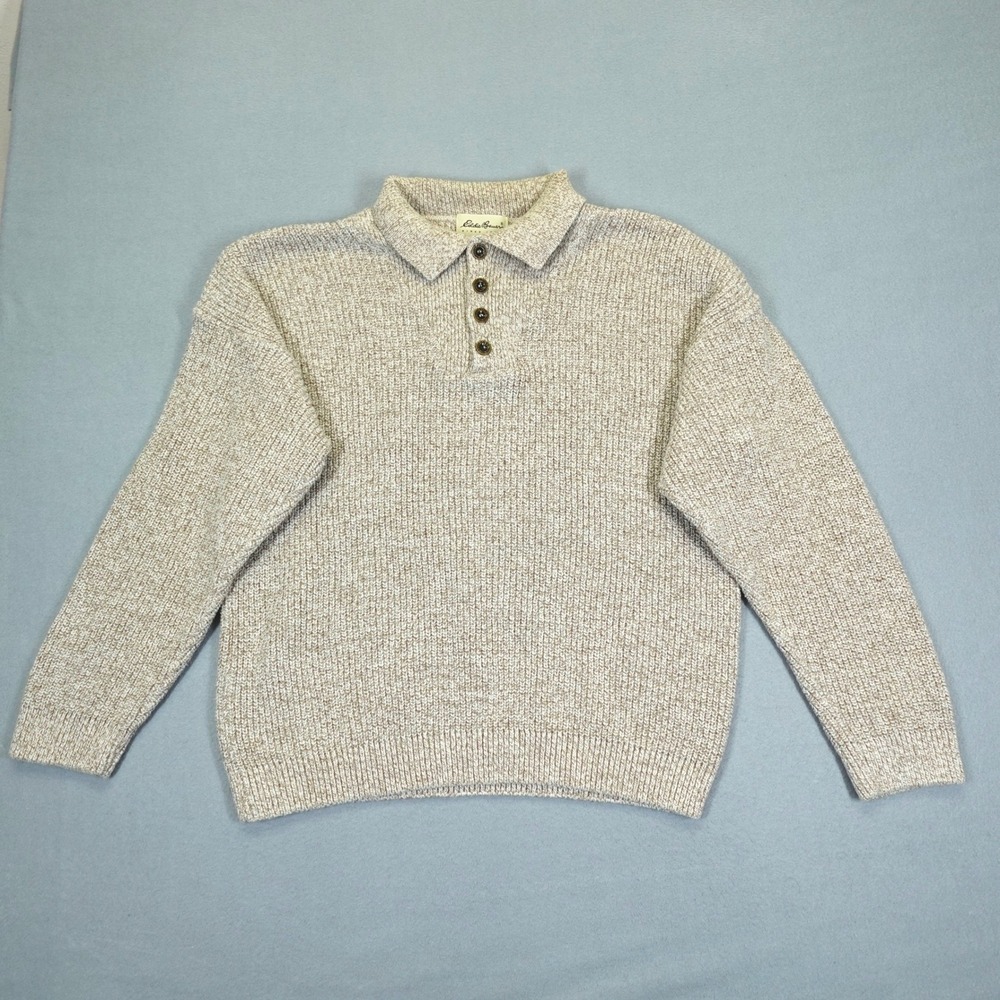 Eddie Bauer Sweater Mens M Tan Ribbed Knit Polo Pullover Cotton